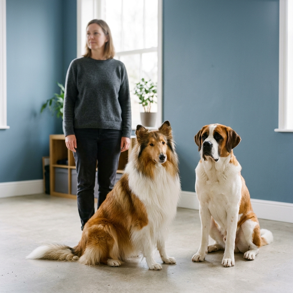 Eine Person steht in einem hellen, kühl gestrichenen Raum hinter einem Bernhardiner und einem Collie, beide sitzen aufmerksam.